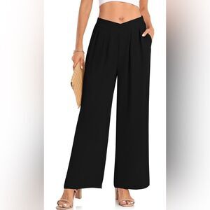 Women’s Black Wide Leg Pants Crossover Elastic High Waisted With Pockets Size S